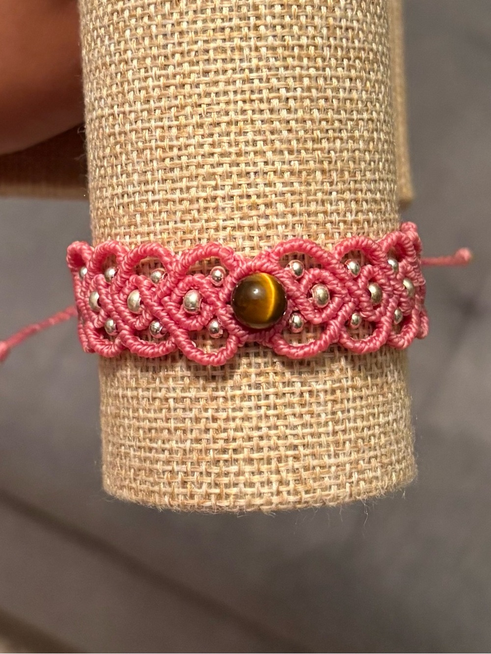 Handmade Pink Macramé Bracelet with Tiger Eye Accent